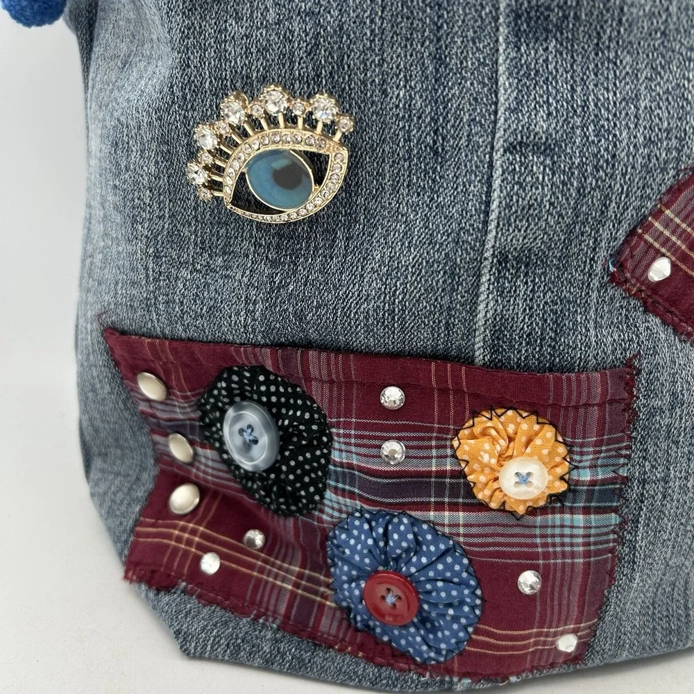 Handmade Denim Jean Bag Tote Purse Boho Upcycled Buttons Rhinestones Pearl‎